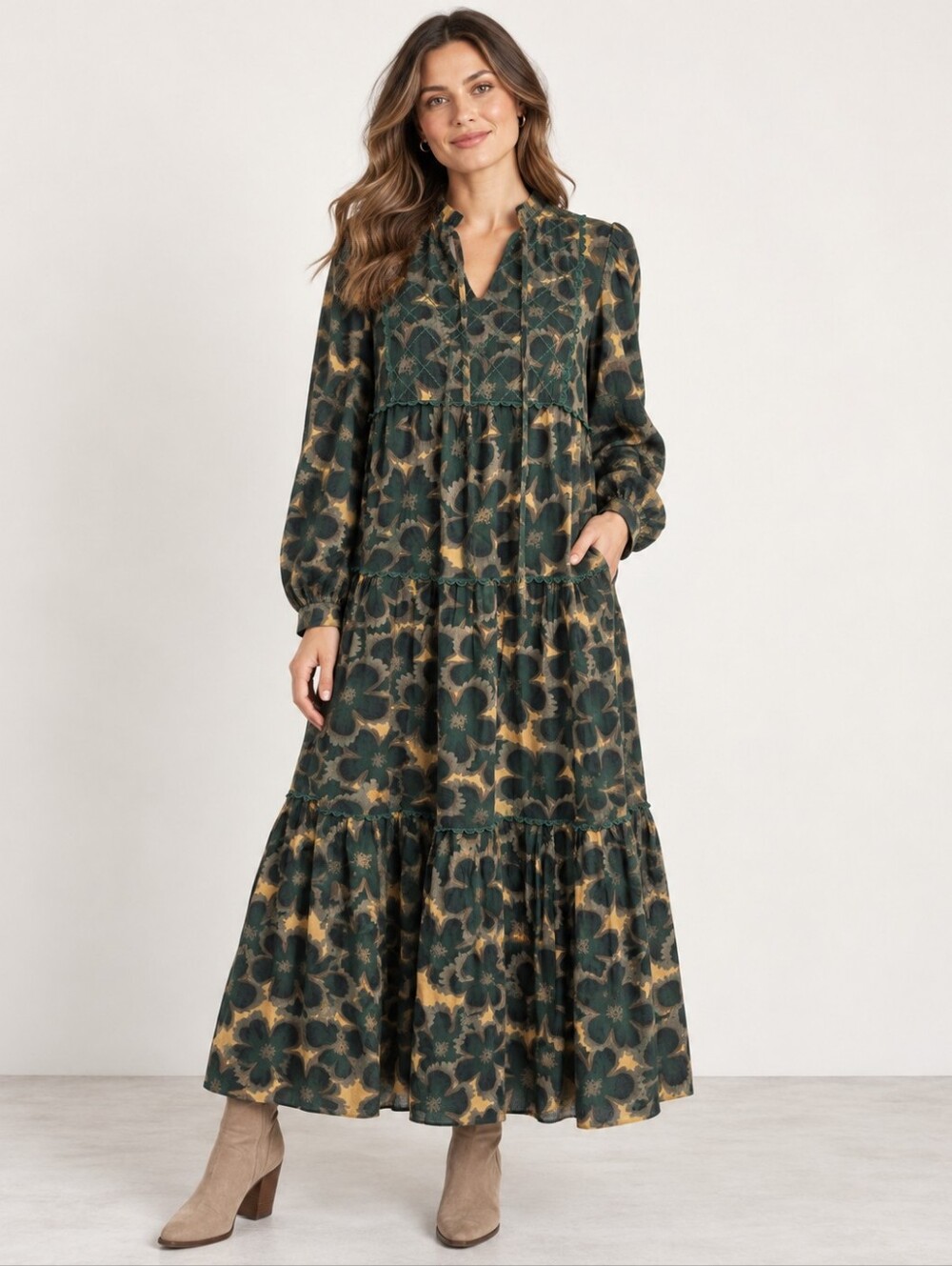 & Merci Floral Tiered Maxi Dress M Green Mustard Quilted Bib NWT